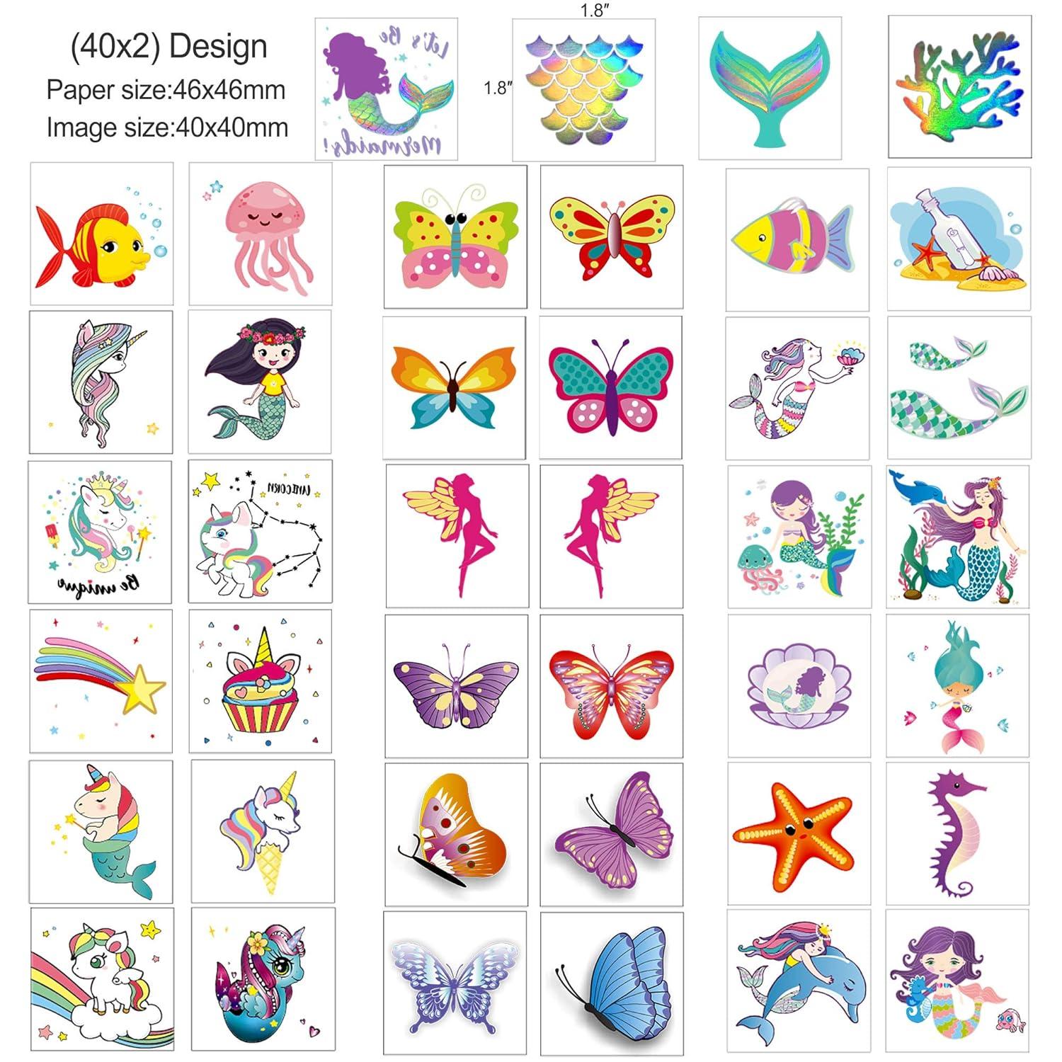 80x Glitzer Tattoo Set für Mädchen, Schmetterling Meerjungfrau Einhorn, temporäre Tattoos Kindergeburtstag