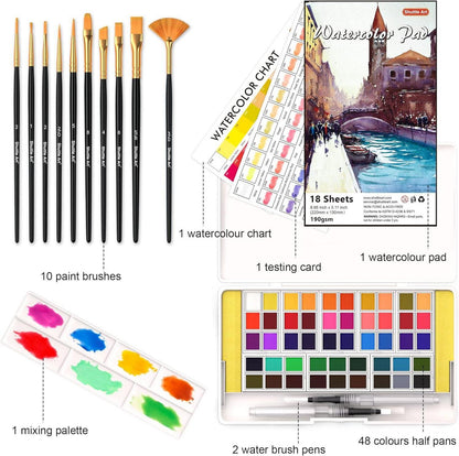 Aquarellfarben Set 48 Wasserfarben 2 Wasserpinsel 10 Pinsel
