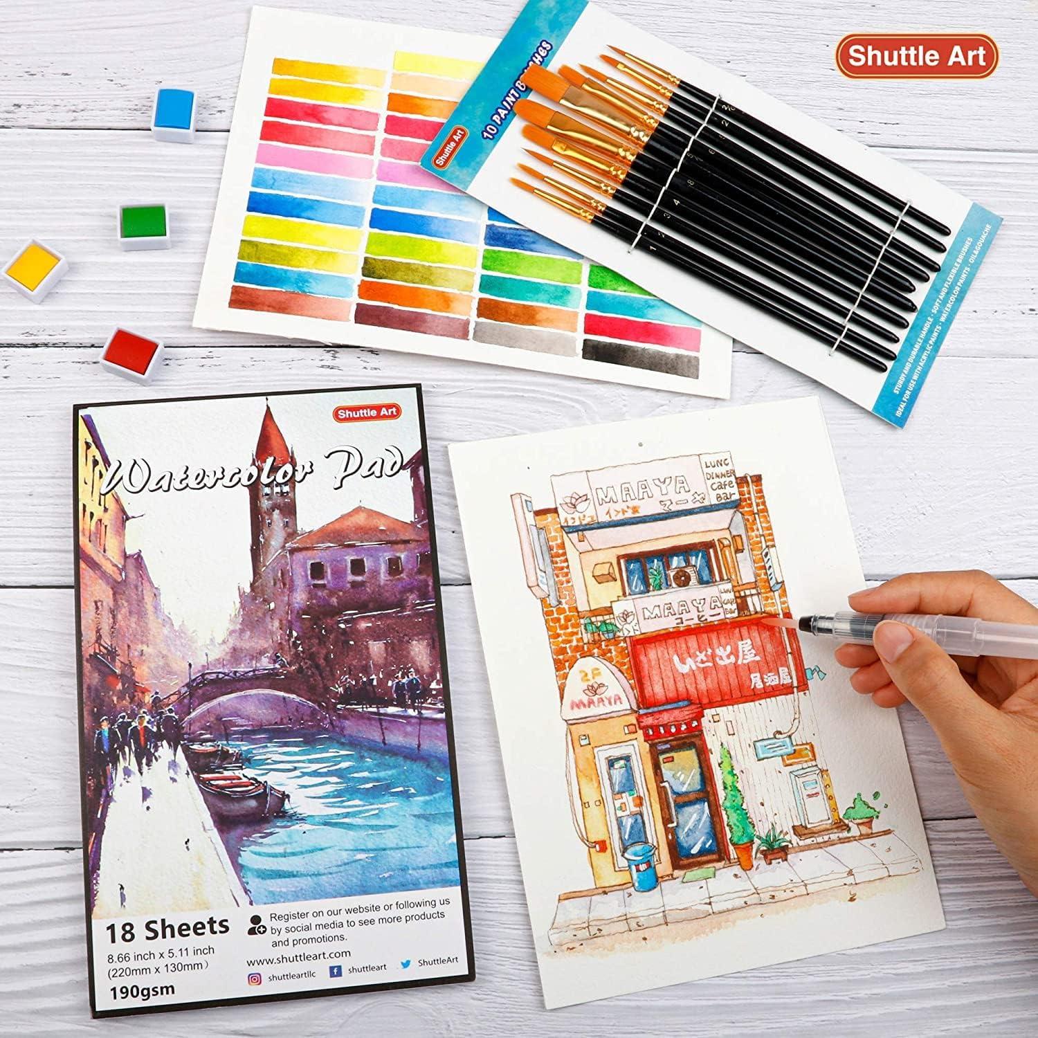 48er Aquarellfarben Set mit Pinseln, Wasserpinsel, Block, Palette - Aquarell Set