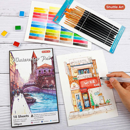 48er Aquarellfarben Set mit Pinseln, Wasserpinsel, Block, Palette - Aquarell Set
