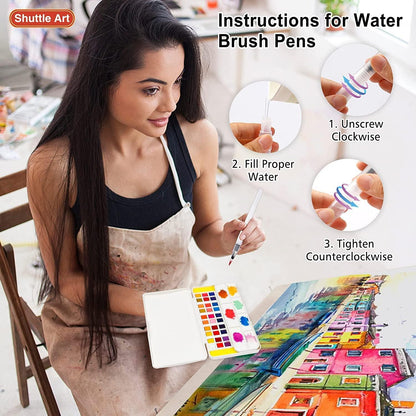 48er Aquarellfarben Set mit Pinseln, Wasserpinsel, Block, Palette - Aquarell Set