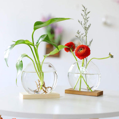 Tischplatte Glas Pflanzer 2er Set Hydroponik Blumen Vase Holz