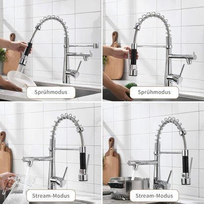 TIMACO Wasserhahn Küche Chrome Spiralfeder 360°Schwenkbar Zwei Auslauf