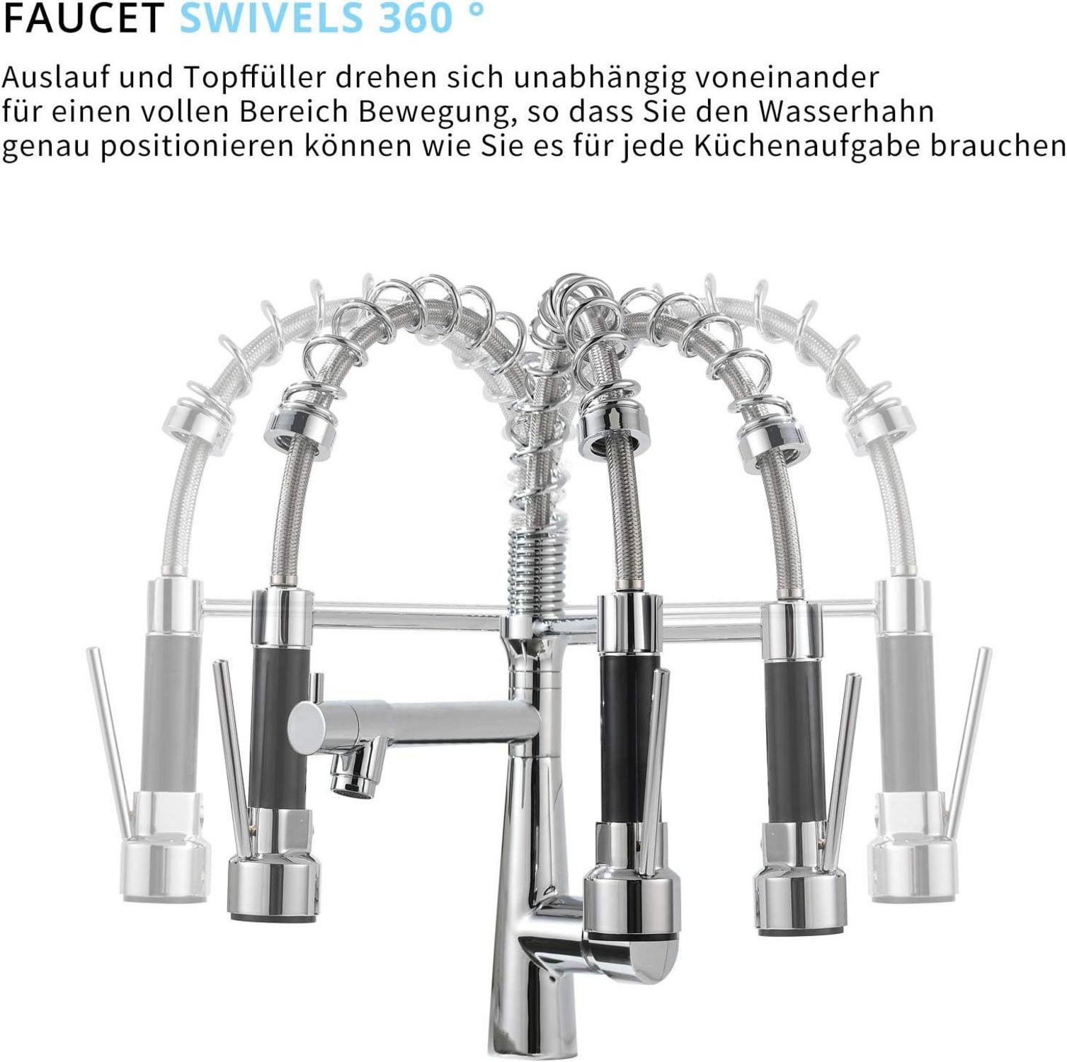 Moderne Chrom Küchenarmatur mit Spiralfeder, 360° Schwenkbar