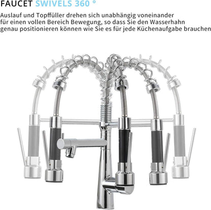 Moderne Chrom Küchenarmatur mit Spiralfeder, 360° Schwenkbar