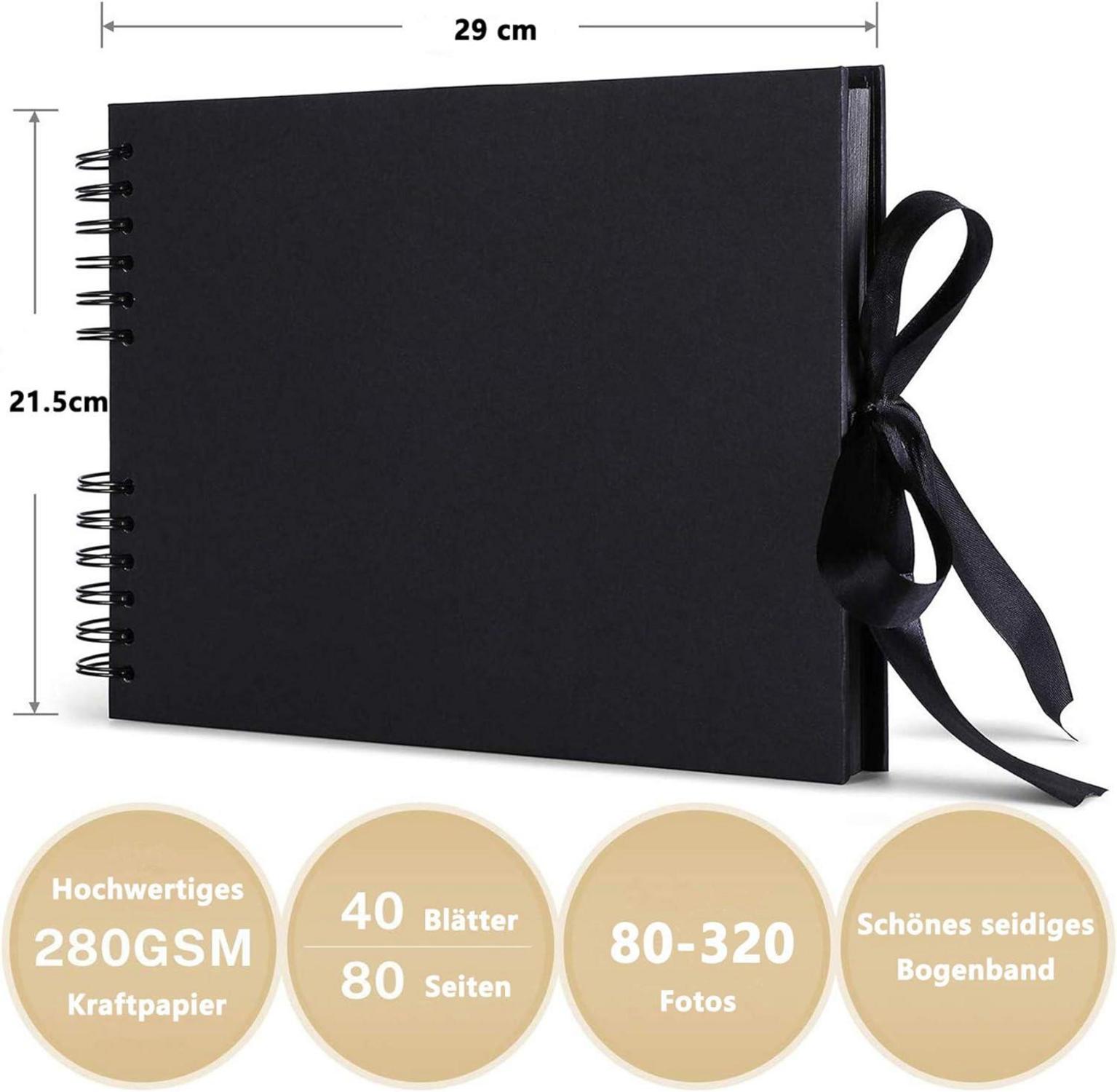 Fotoalbum zum Selbstgestalten, DIY, 80 Schwarze Seiten, Hochwertiges Geschenk 28.5x21cm Schwarz