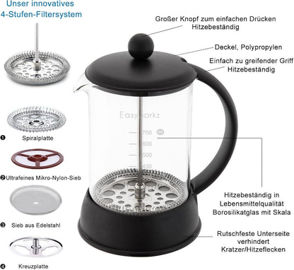 French Press Kaffeebereiter Borosilikatglas 800ml Presskanne