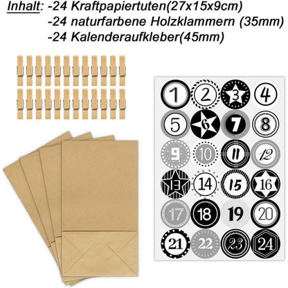 Adventskalender zum Befüllen, 24 Kraftpapiertüten Schwarz