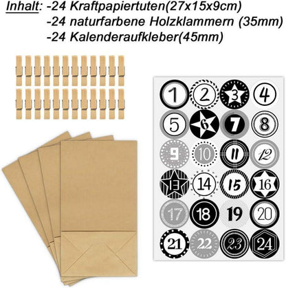 Adventskalender zum Befüllen, 24 Kraftpapiertüten Schwarz