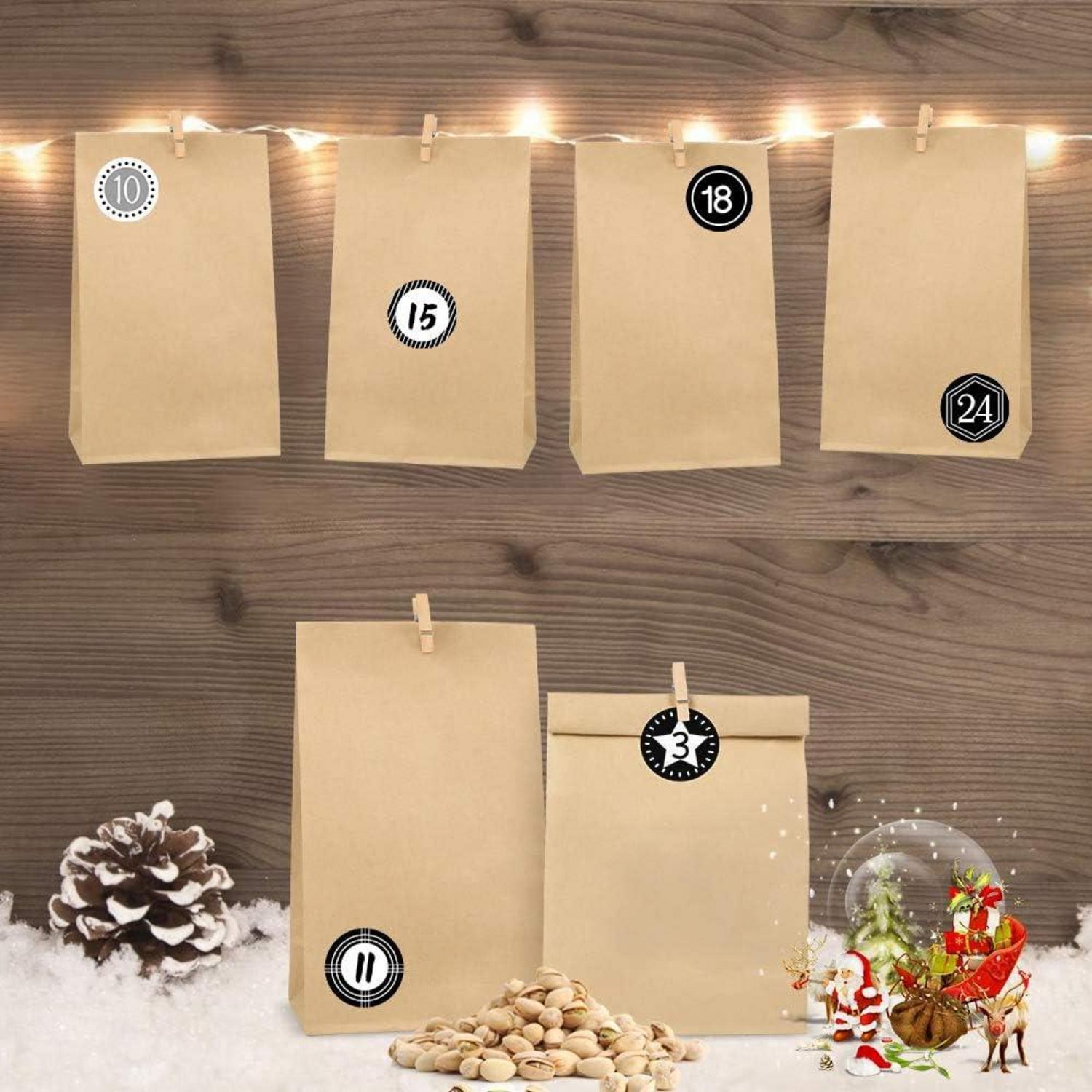 Adventskalender Kraftpapiertüten Befüllen 24 DIY Zahlenaufkleber Klammern