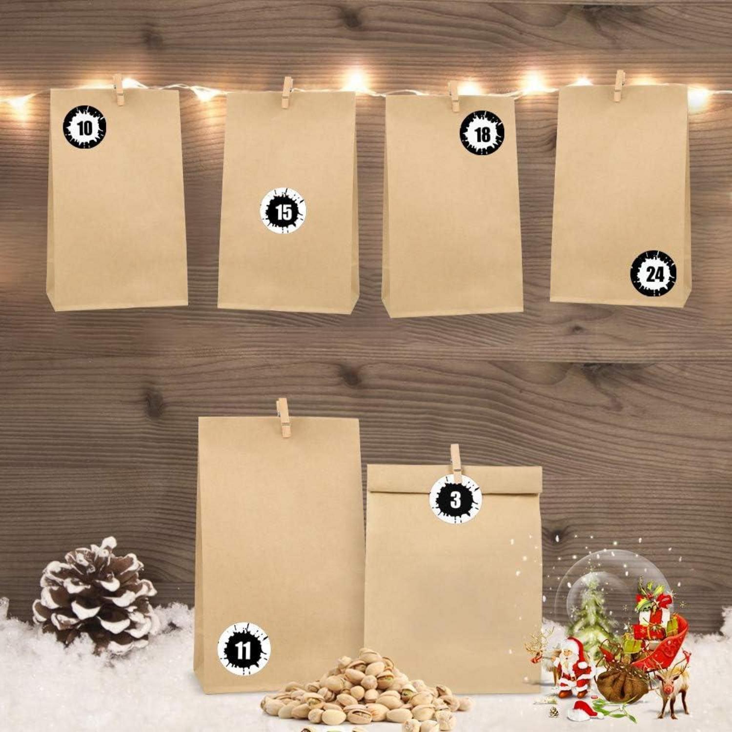 DIY Adventskalender Kraftpapiertüten Befüllen 24 Zahlen Sterne