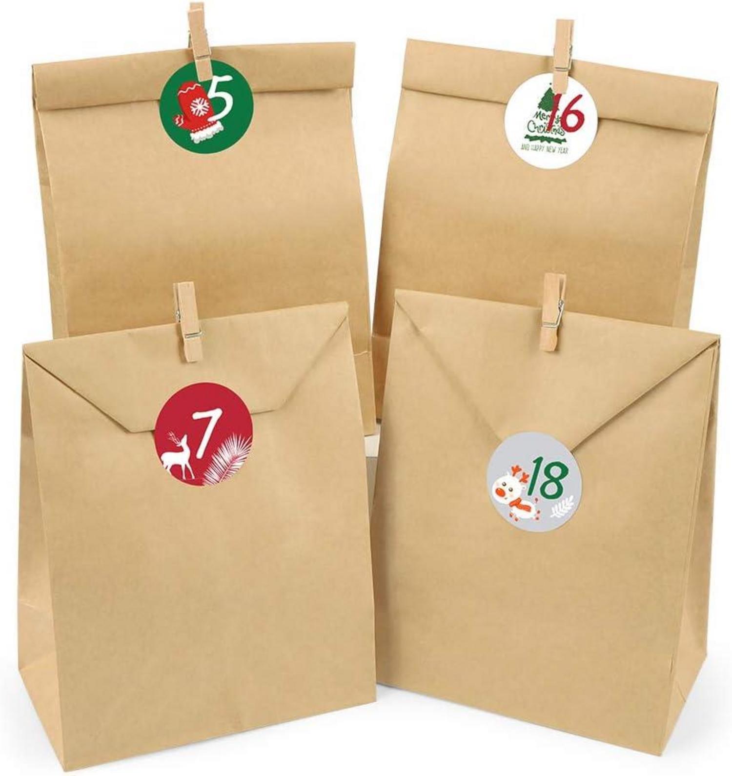 Adventskalender Kraftpapiertüten 24-tlg. - DIY Bastelset mit Aufklebern & Klammern