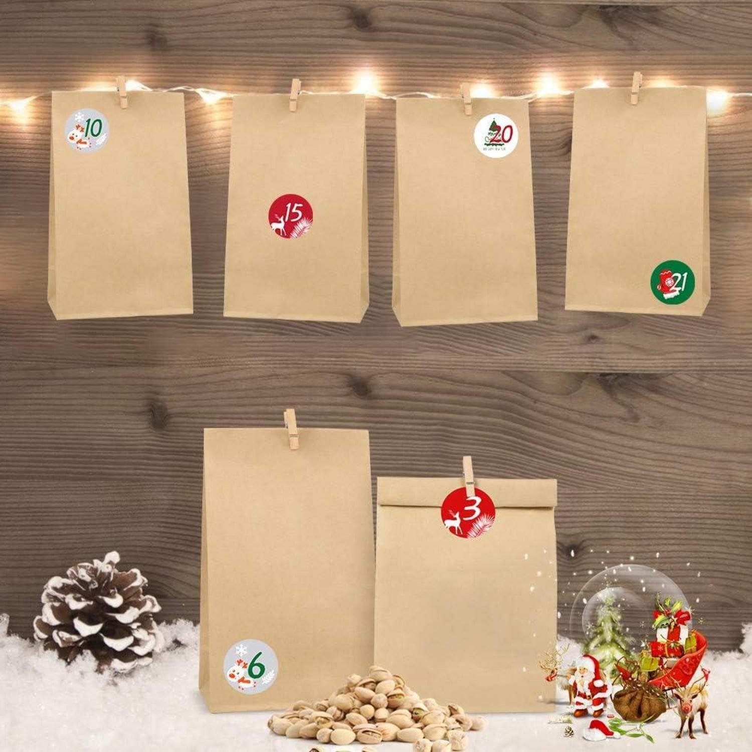 Adventskalender Kraftpapiertüten DIY Weihnachten 24 Zahlen Sticker Klammern