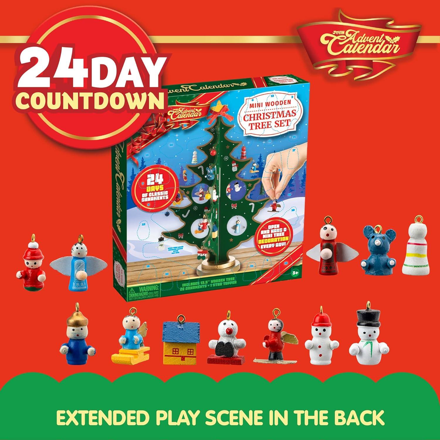 JOYIN Adventskalender 2024 mit Hölzernen Weihnachtsbaum und 28 Ornamenten