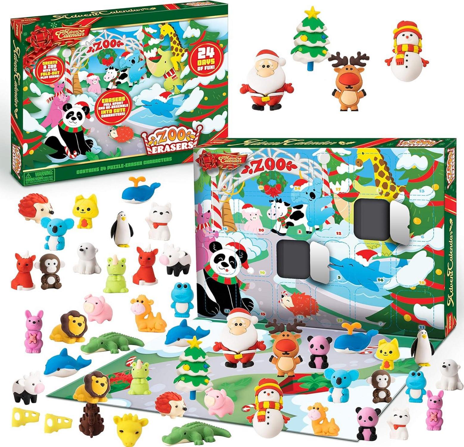 JOYIN 2024 Adventskalender Weihnachten 24 Tage Countdown mit 24 Tierfiguren und 48 Radiergummis