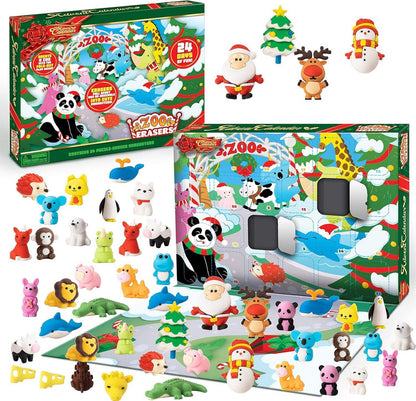 JOYIN 2024 Adventskalender Weihnachten 24 Tage Countdown mit 24 Tierfiguren und 48 Radiergummis