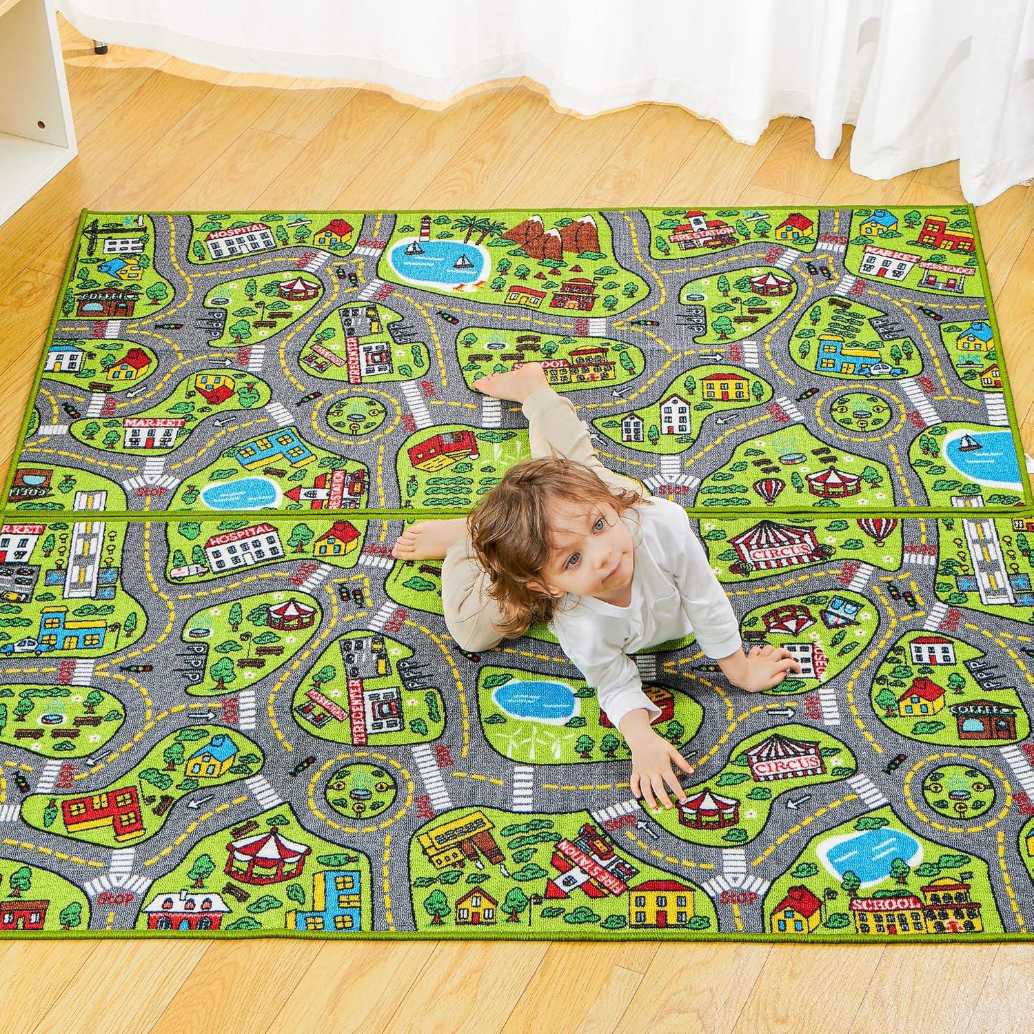 JOYIN Kinder Spielteppich 80x150cm Autoteppich Straße Kinderteppich 2er Set