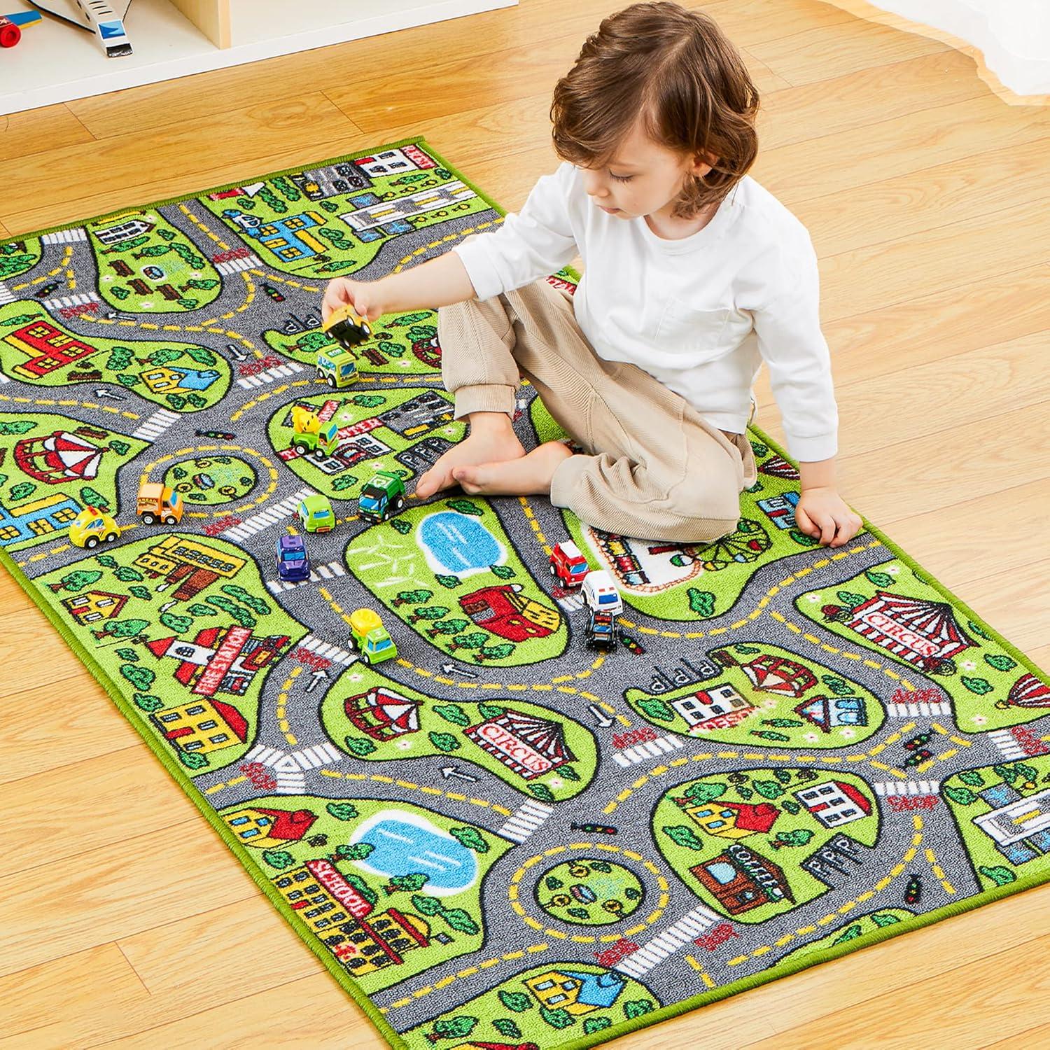 JOYIN Spielteppich Stadt Kinderzimmer 80x150cm mit 12 Mini