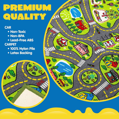 Spielteppich Stadt 80x150cm + 12 Mini Auto Kinder ab 3, Kinderteppich