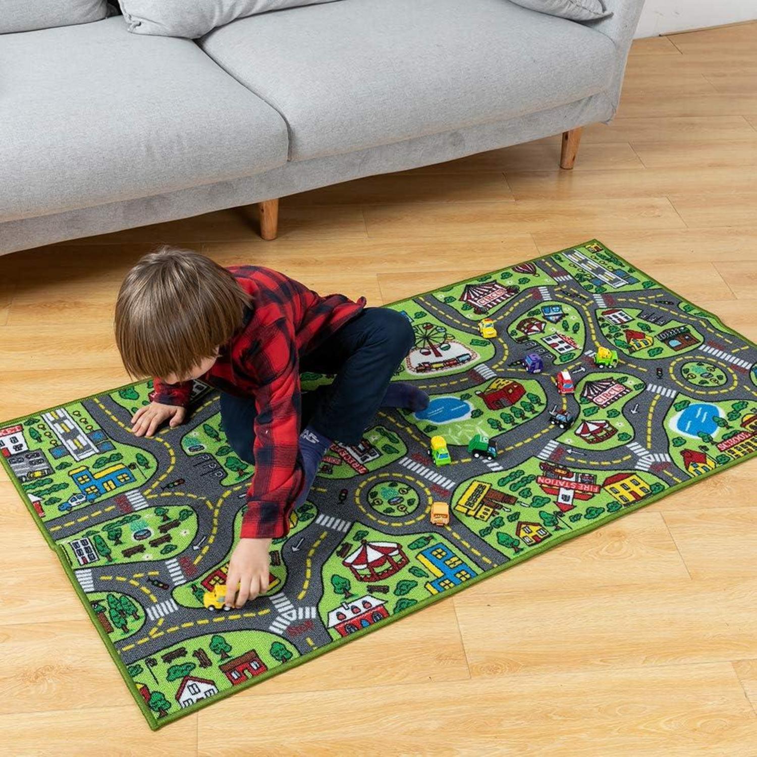 Kinder Teppich Spielteppich 80x150cm mit 12 Mini Autos - Straße Autoteppich Mädchen Junge