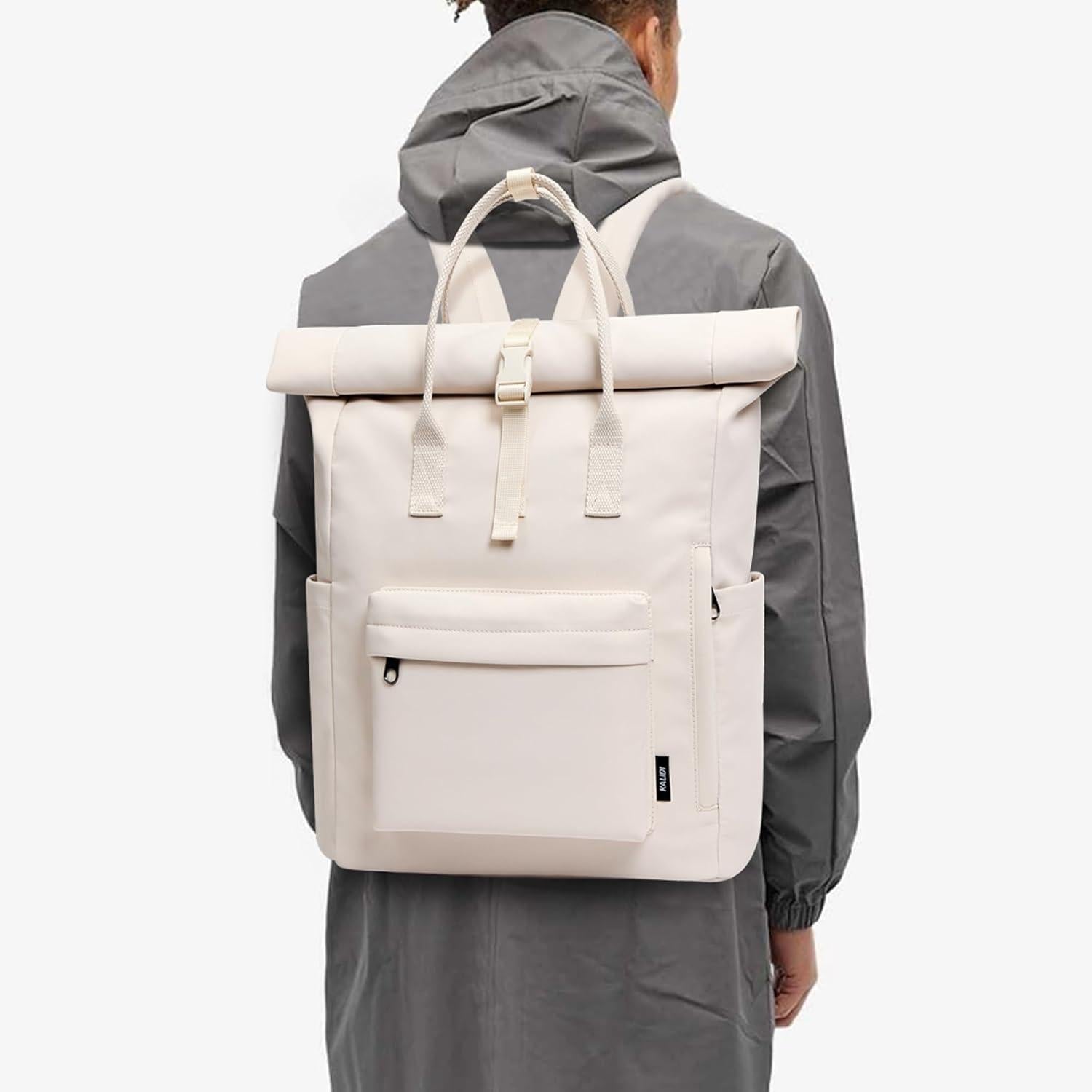 KALIDI Damen Herren Rucksack Rolltop Schulrucksack Laptopfach Beige