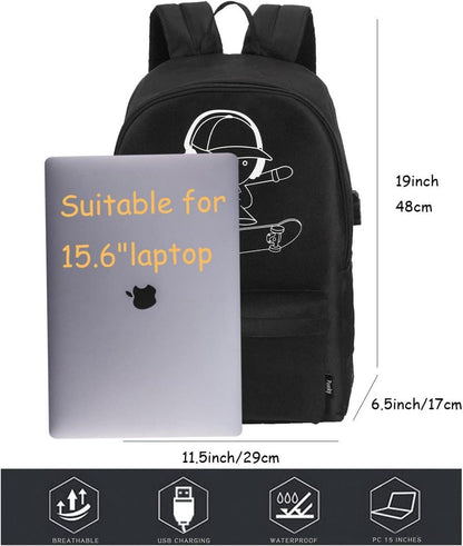 Schulrucksack Jungen Teenager USB Charger Port Set Schwarz