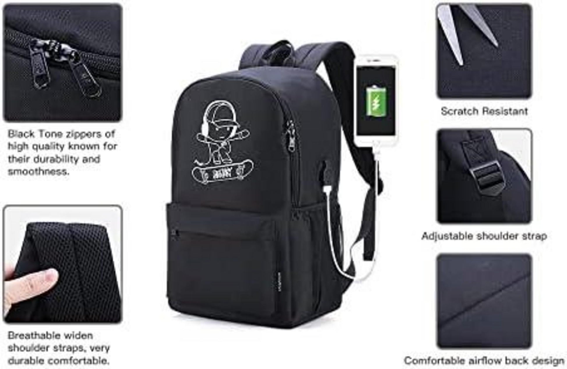 BSTcentelha Schulrucksack Jungen USB Charger Port Set Schwarz