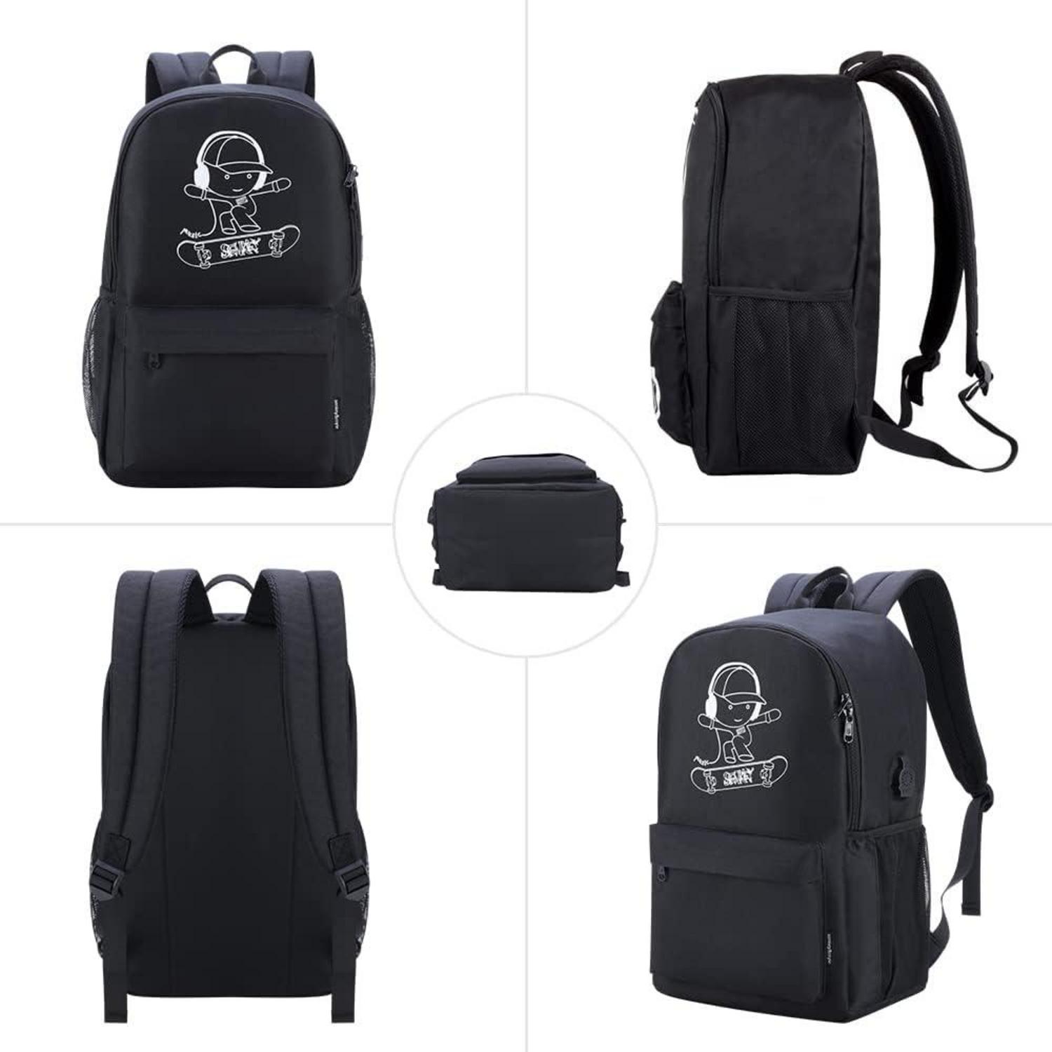 Schwarzer Schulrucksack Jungen Mädchen Teenager USB Ladegerät Rucksack Set