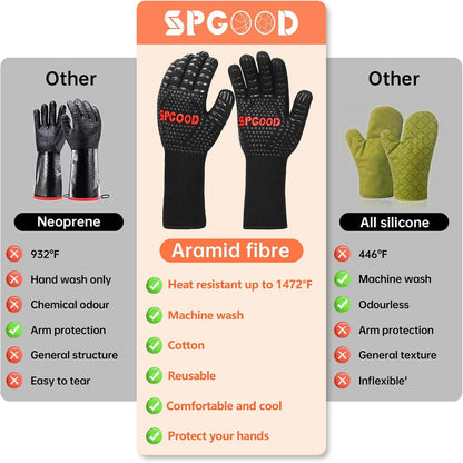 SPGOOD Hitzebeständige Grillhandschuhe 800 Grad Schwarz L/XXL