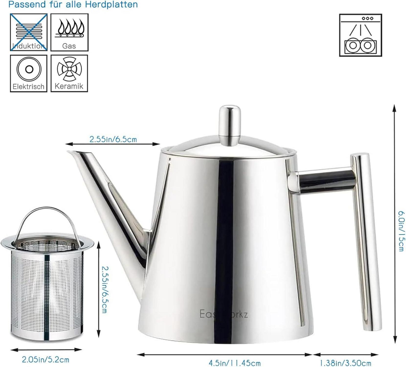 Teekanne mit Siebeinsatz 800ml Edelstahl, Teebereiter für