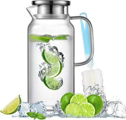 Glaskaraffe 1.8L Borosilikatglas Wasserkrug Edelstahl Deckel