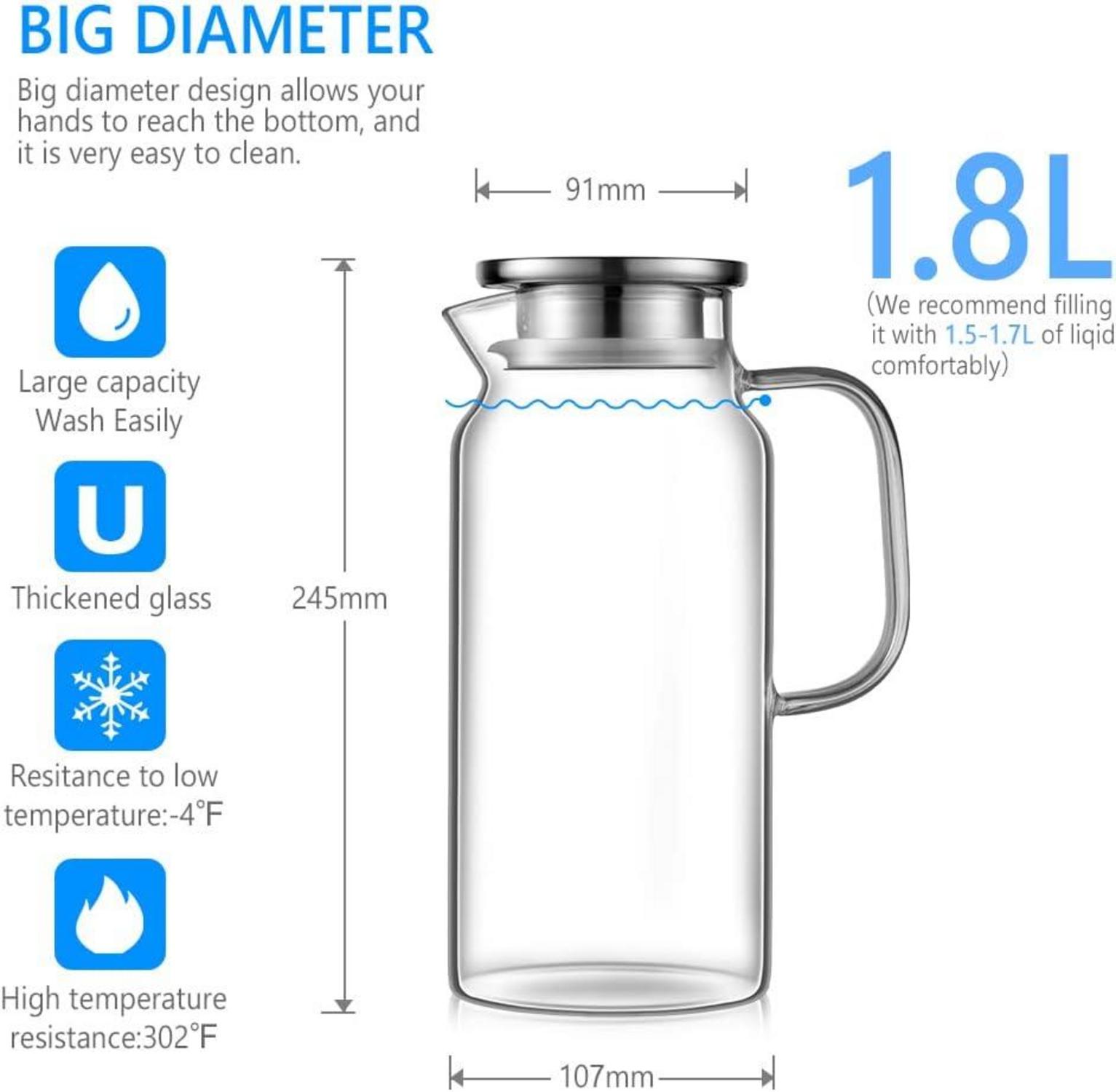 Glaskaraffe 1.8L Borosilikatglas Wasserkaraffe Edelstahl