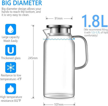 Glaskaraffe 1.8L Borosilikatglas Wasserkaraffe Edelstahl