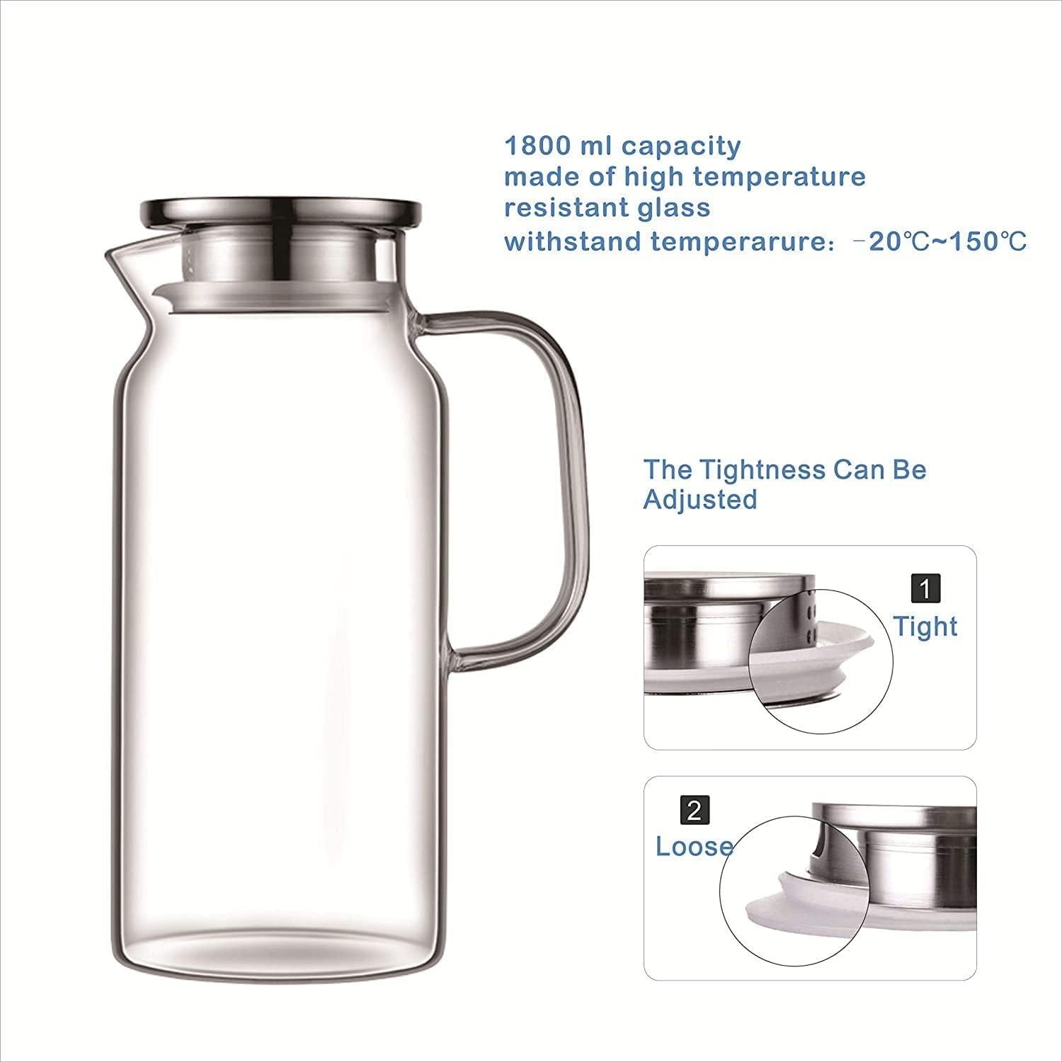 Glaskaraffe 1.8L Borosilikatglas Wasserkaraffe Edelstahl Deckel