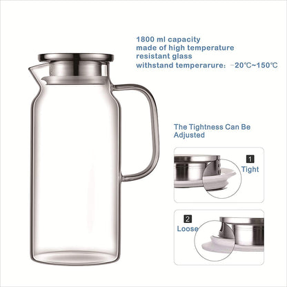 Glaskaraffe 1.8L Borosilikatglas Wasserkaraffe Edelstahl Deckel