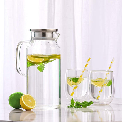 Glaskaraffe 1.8L Borosilikatglas Wasserkrug Edelstahl Deckel