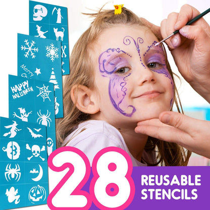 Bodypainting Schminke Kinder Fasching Make-up Set 18 Farben 28 Schablonen 4 Pinsel
