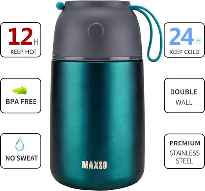 Isolierbehälter 500ml Edelstahl Gefäß warme Speisen Suppe Thermo mit Löffel, Grün