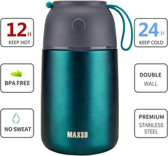 Isolierbehälter 500ml Edelstahl Gefäß warme Speisen Suppe Thermo mit Löffel, Grün