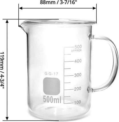 Messbecher Borosilikatglas 500 ml 1 Stück mit Griff transparent Skala Laborqualität