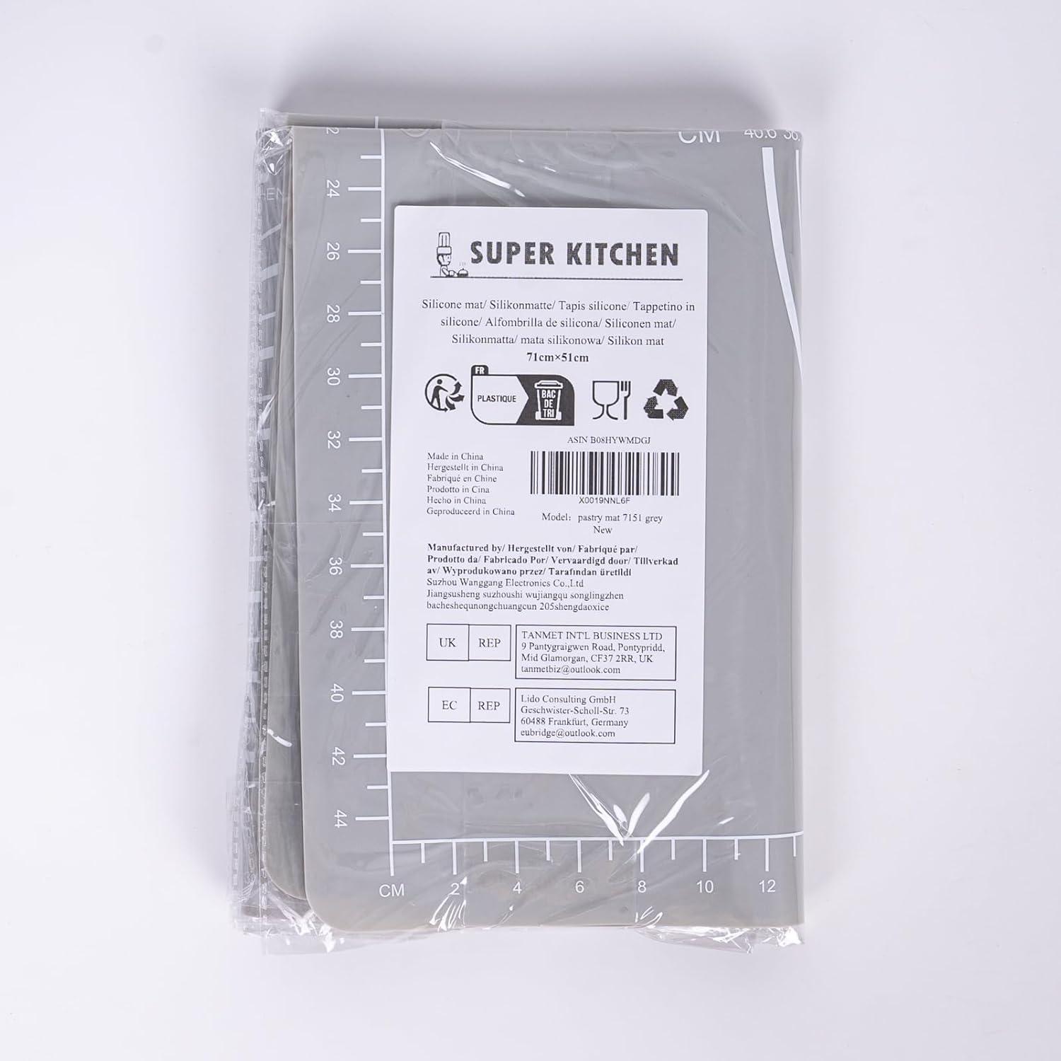 Super Kitchen Rutschfeste Silikon Backmatte XL 71x51cm mit Teigschneider, Grau
