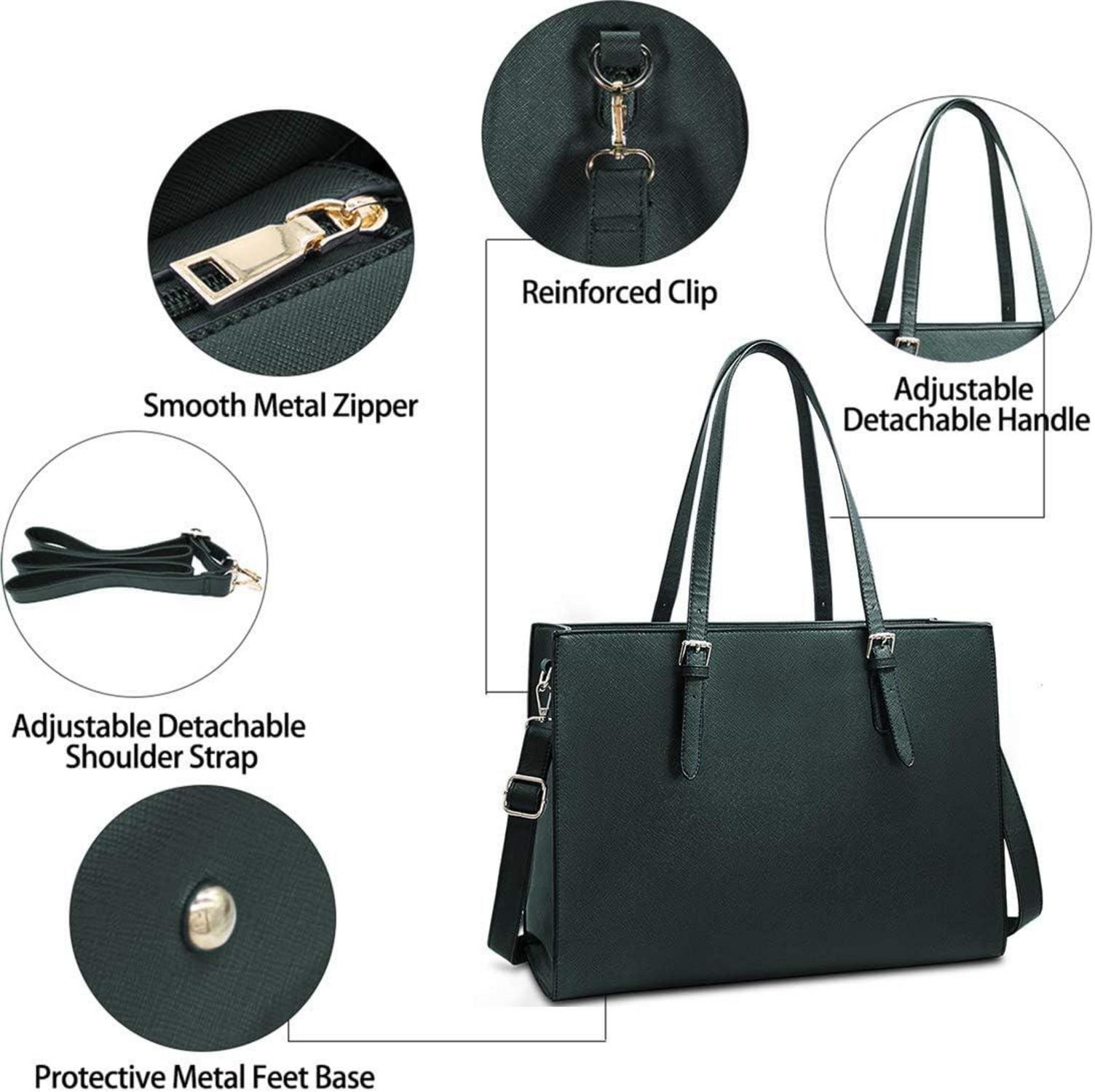Große Damen Handtasche Schwarz Leder Laptop Umhängetasche 15.6 Zoll