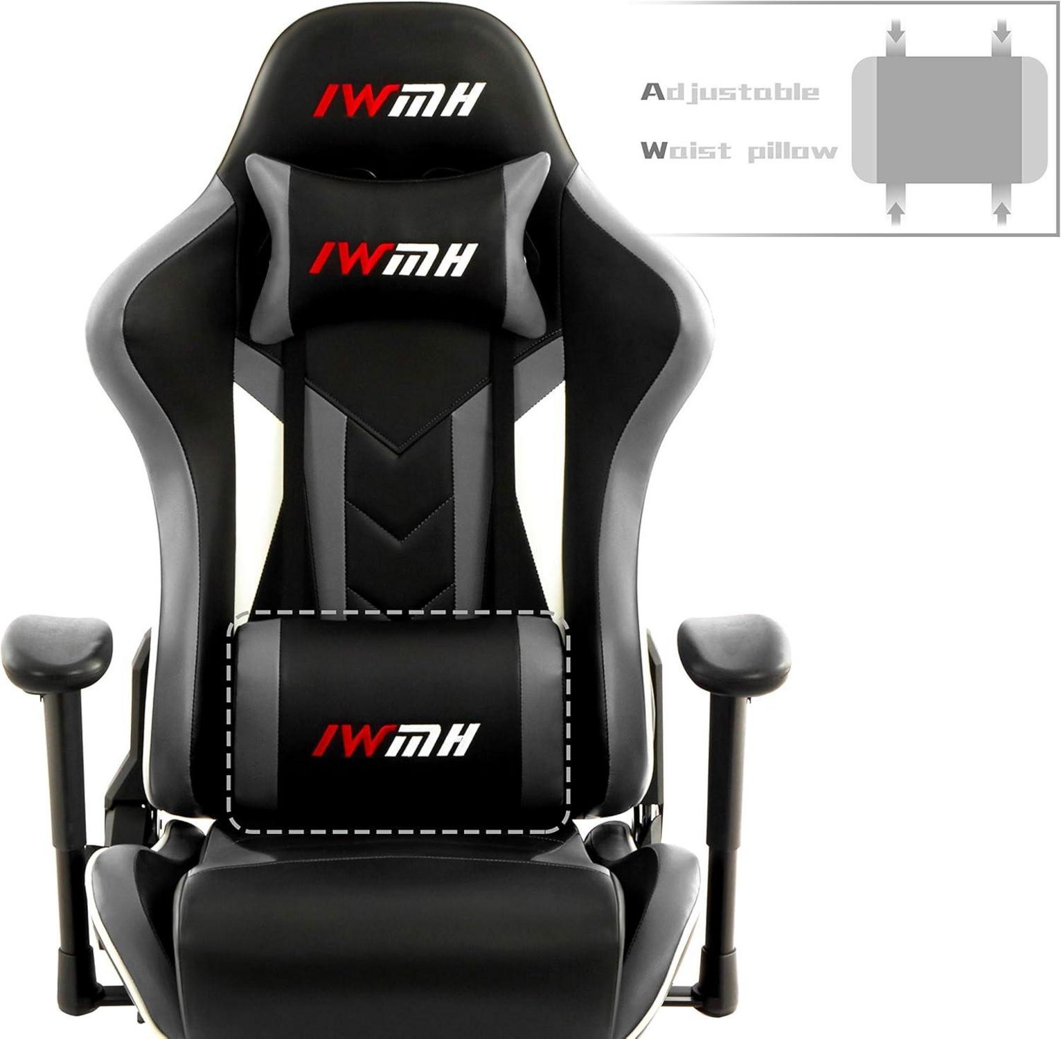 Ergonomischer Gaming Stuhl mit Fußstütze und Lendenstütze, Grau