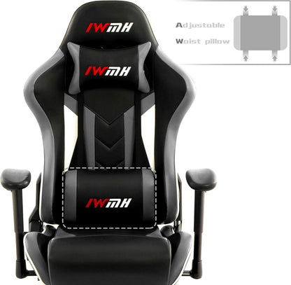 Ergonomischer Gaming Stuhl mit Fußstütze und Lendenstütze, Grau