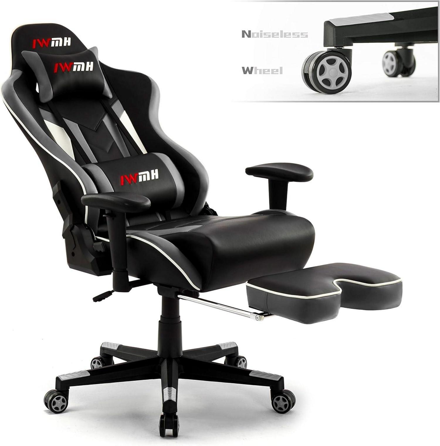 Ergonomischer Gaming Stuhl mit Fußstütze und Lendenstütze, Grau