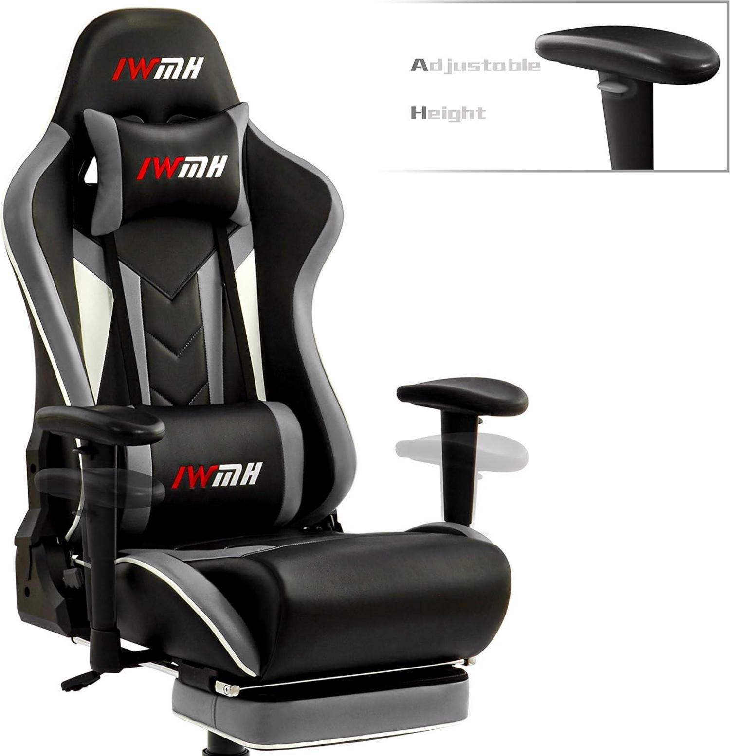 Ergonomischer Gaming Stuhl mit Fußstütze und Lendenstütze, Grau
