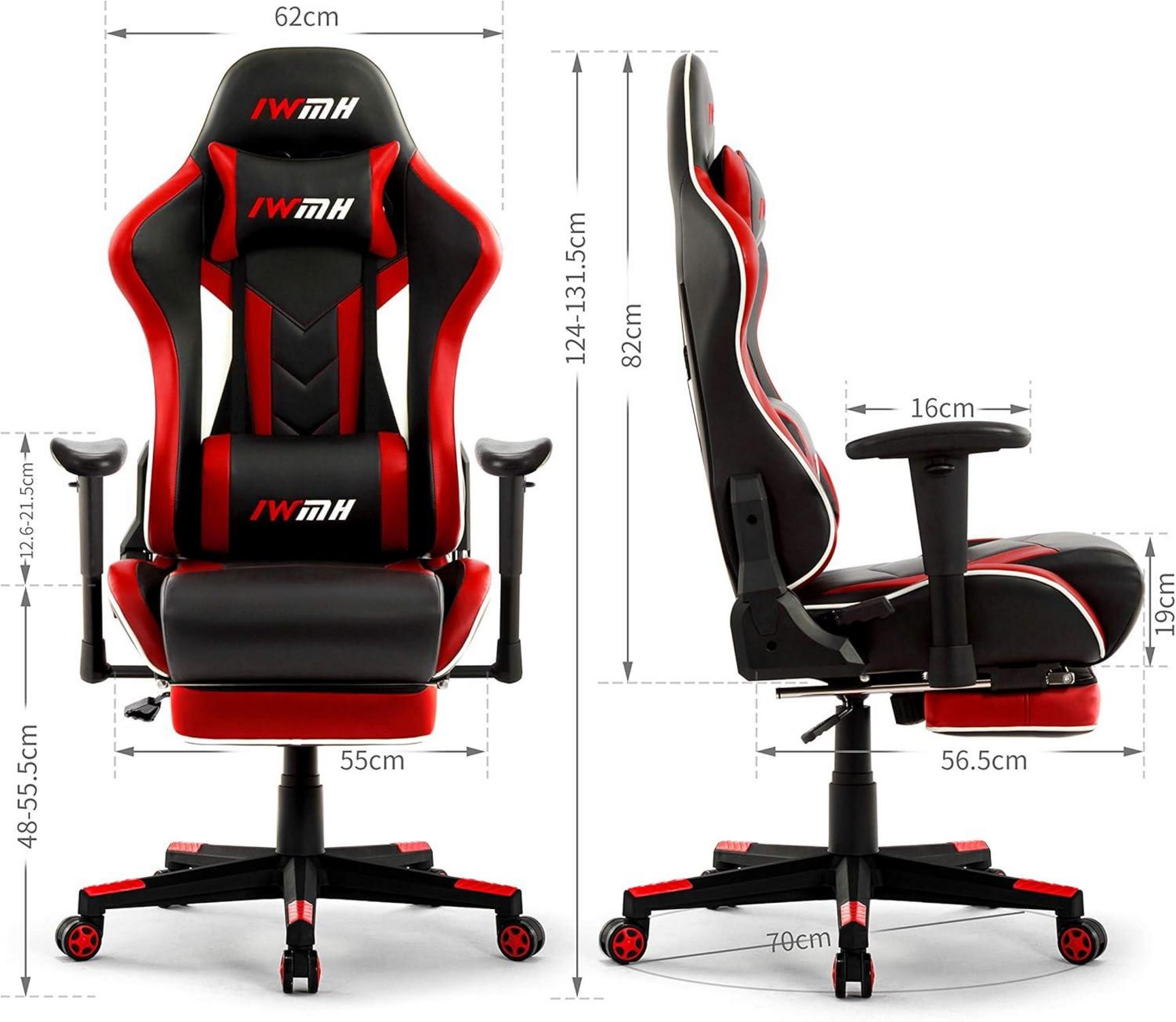 Ergonomischer Gaming Stuhl mit Fußstütze und Lendenstütze in Rot