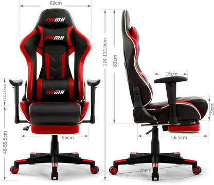 Ergonomischer Gaming Stuhl mit Fußstütze und Lendenstütze in Rot