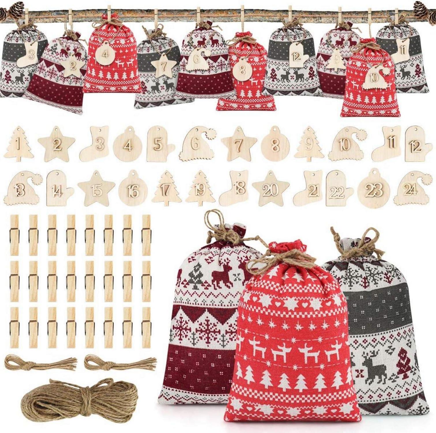 Adventskalender Jutesäckchen DIY Weihnachtsdeko Holzornamente