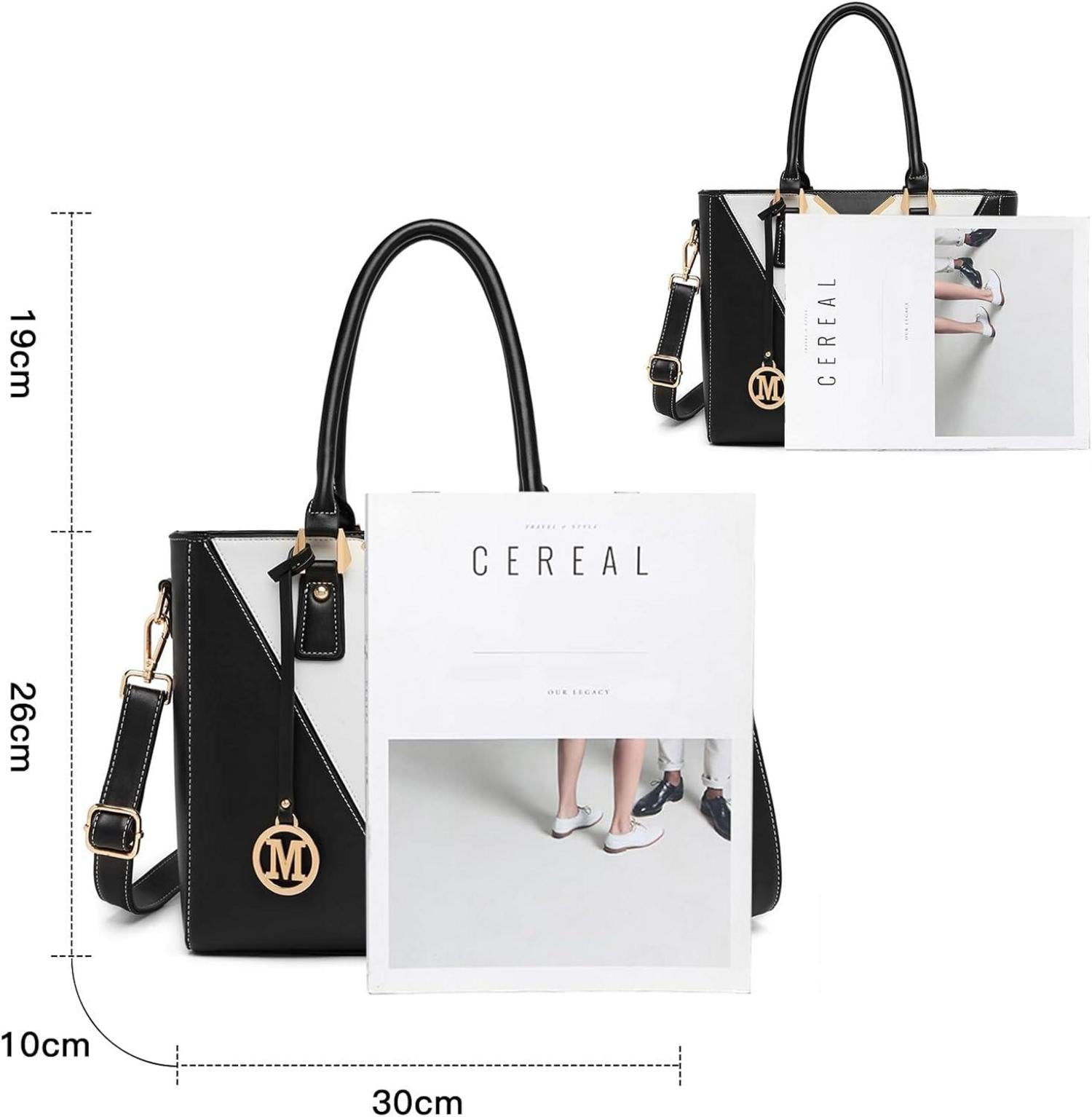 Miss Lulu Damen Handtasche Schultertasche Shopper V-Design Schwarz Echtleder